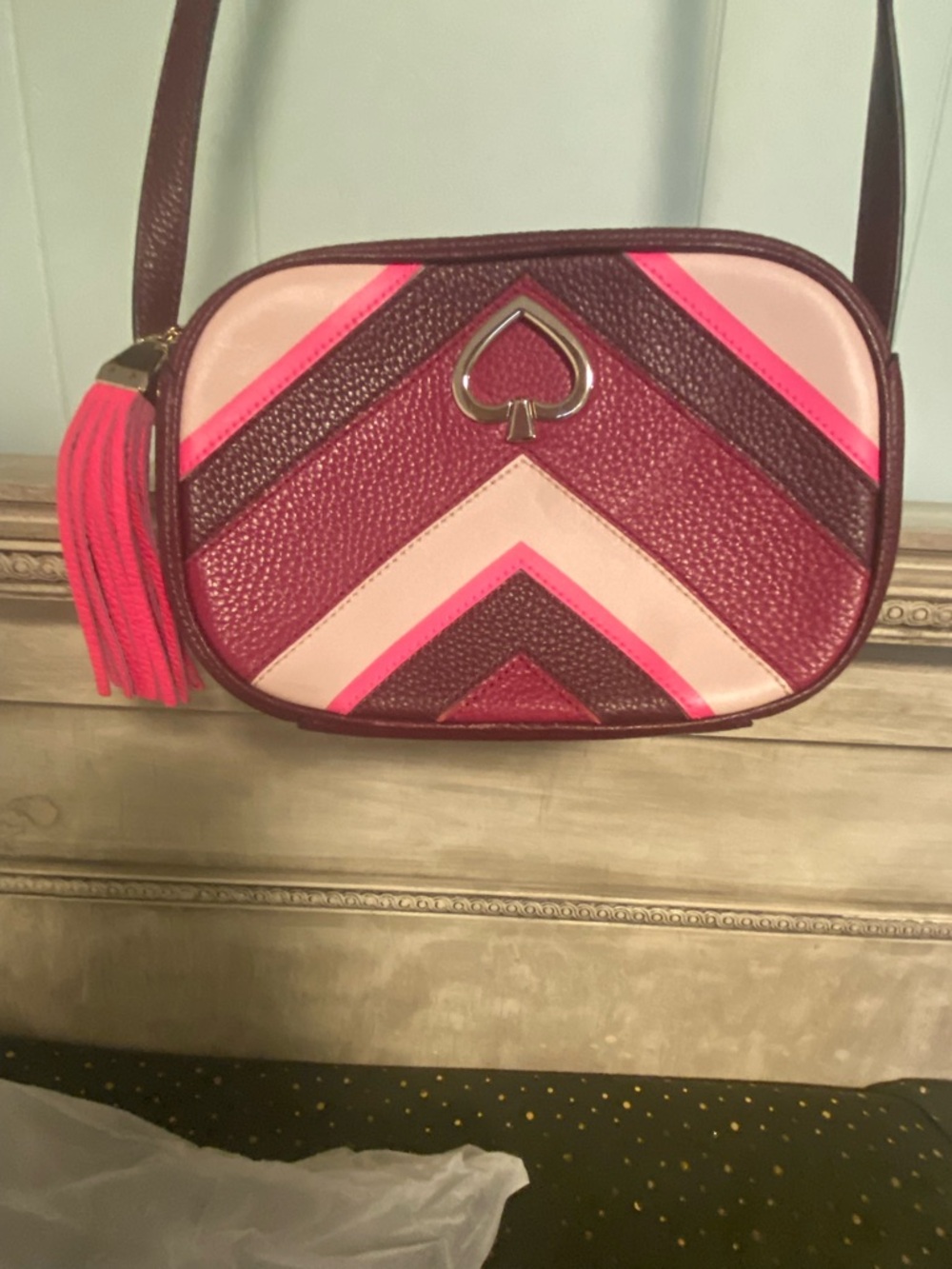 EUC kate spade Chevron Colorblock Leather Crossbody Burgundy and Pink. Callout - Picture 2 of 11